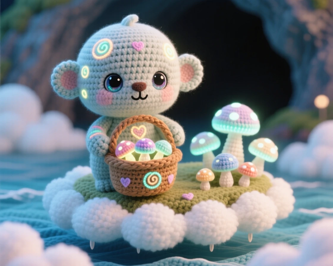 a round baby cave troll cub, with glowing softly patterned skin, collecting glowing mushrooms in a basket, within a floating island drifting among the clouds, near a cluster of luminous mushrooms, radiating a soft, comforting sense of belonging.