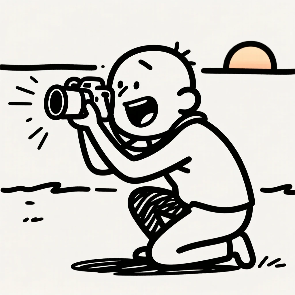 A photographer crouched low, camera raised, capturing a perfect sunset shot.