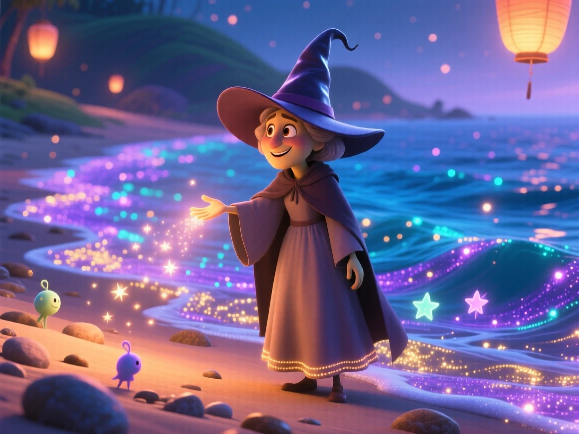 A witch with a pointed hat stands on the shore of a sea made of stardust, guiding lost travelers with a soft glow. A gentle sense of wonder radiates through the air, with soft glowing light illuminating every surface.