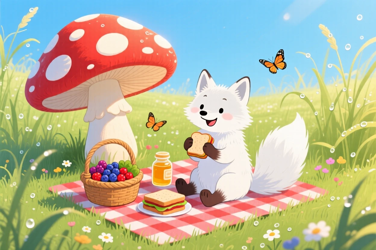 In a sunlit meadow, a fluffy arctic fox spends the afternoon having a picnic under a toadstool, as morning dew glistens on the grass.