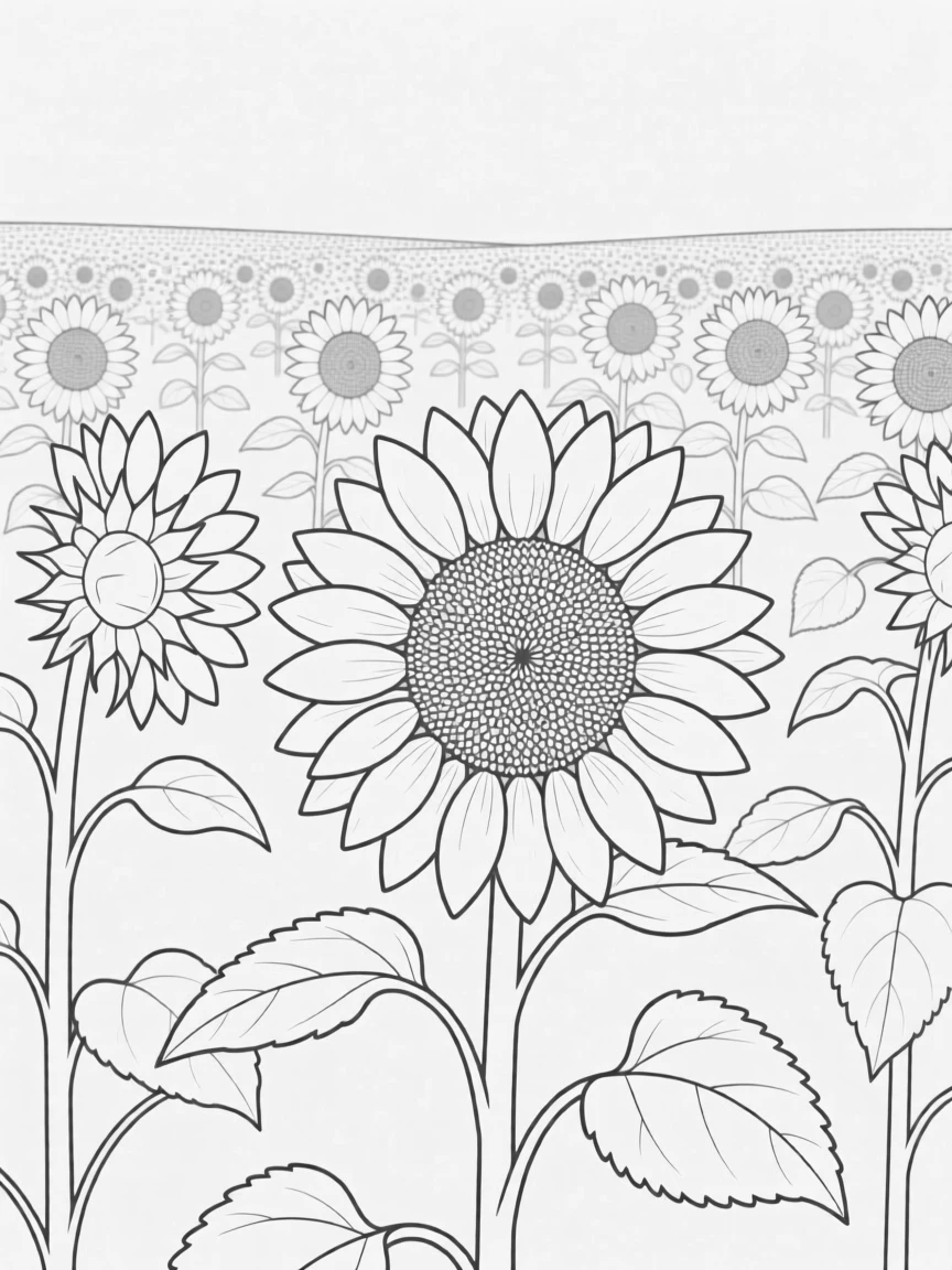 A sunflower field with one flower turned toward the viewer