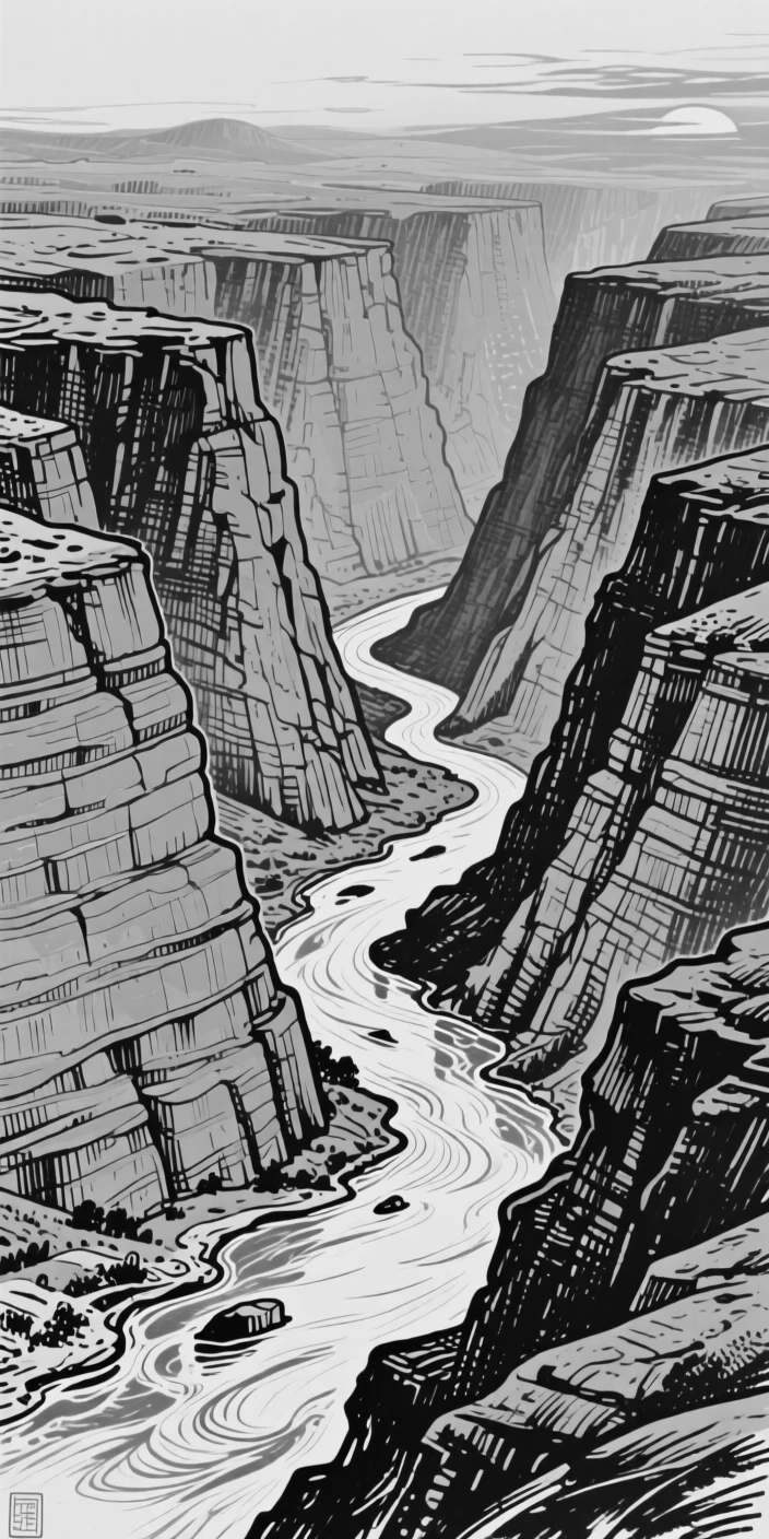 A vast canyon carved by a winding river, layered rock walls glowing orange at sunset.