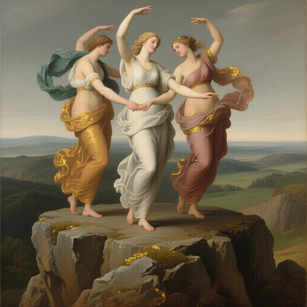 The three graces dancing in a circle of eternal harmony at the threshold between the mortal and the eternal, set atop a rocky promontory overlooking a vast unknown, with drapery caught in a wind that seems to come from another world; a triangular arrangement lends the scene classical stability and gravity, evoking profound meditation on fate, virtue, and the human condition.