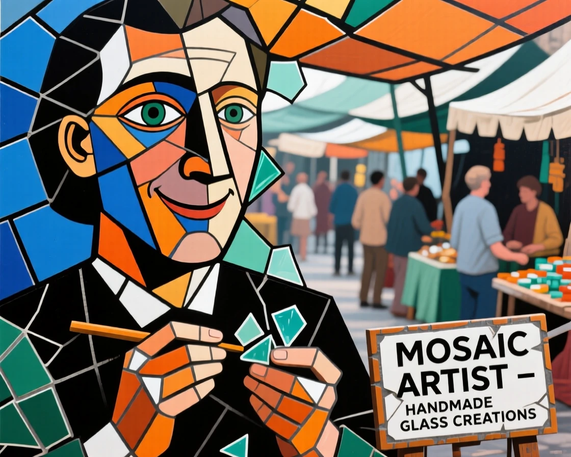 A close-up portrait of a glass mosaic artist smiling gently amid the quiet hum of a busy market.