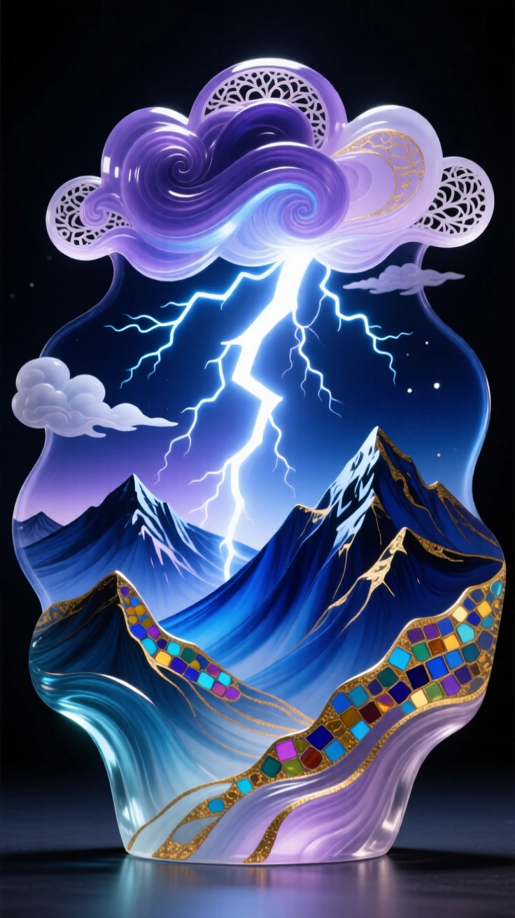 A dramatic lightning storm illuminating a distant mountain range at night, powerful and electric.