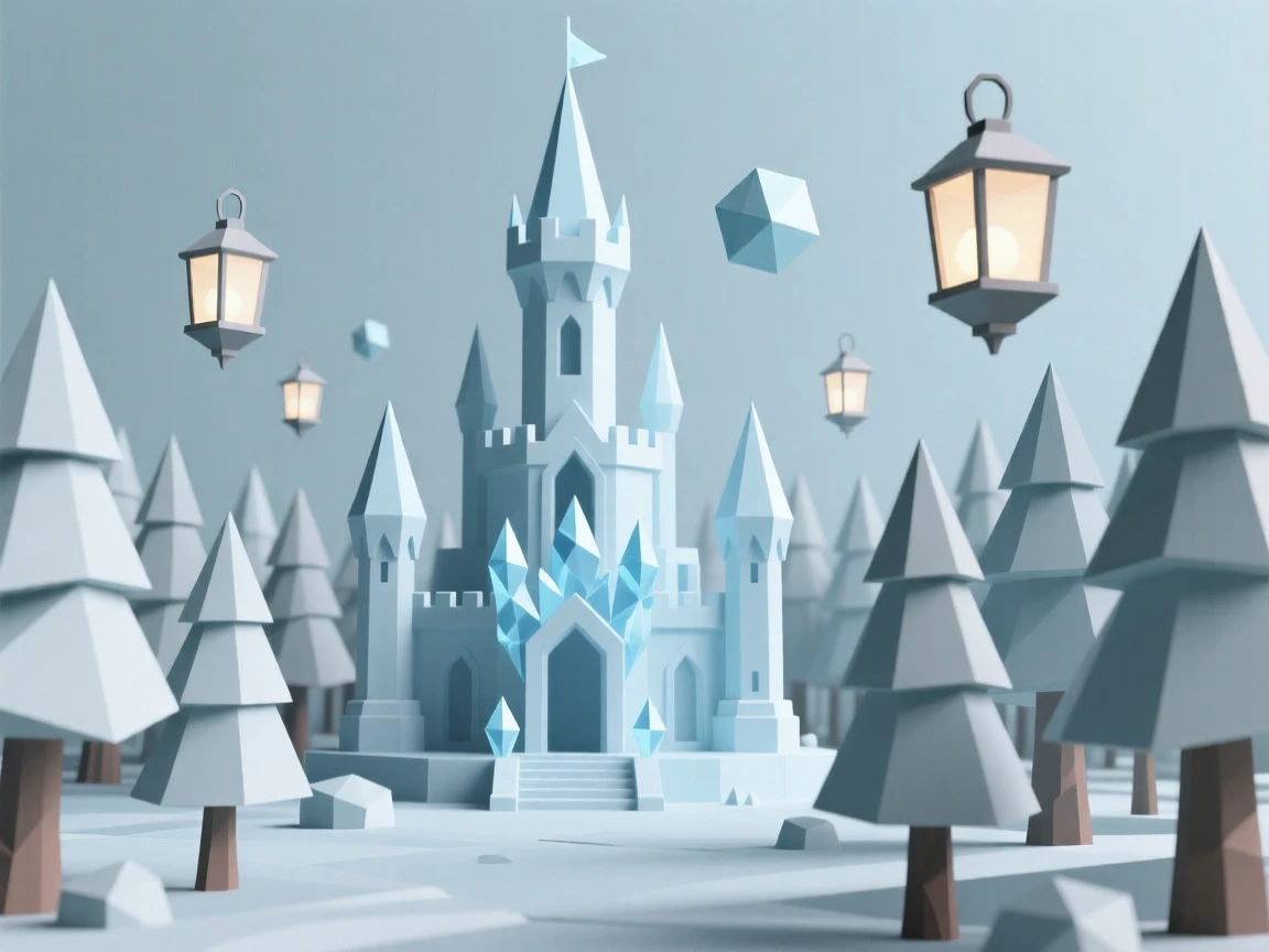 An ice queen's palace shimmering under the moon, within a forest lit by floating lanterns. the scale of the scene emphasizes its grandeur. The moment feels suspended between worlds.