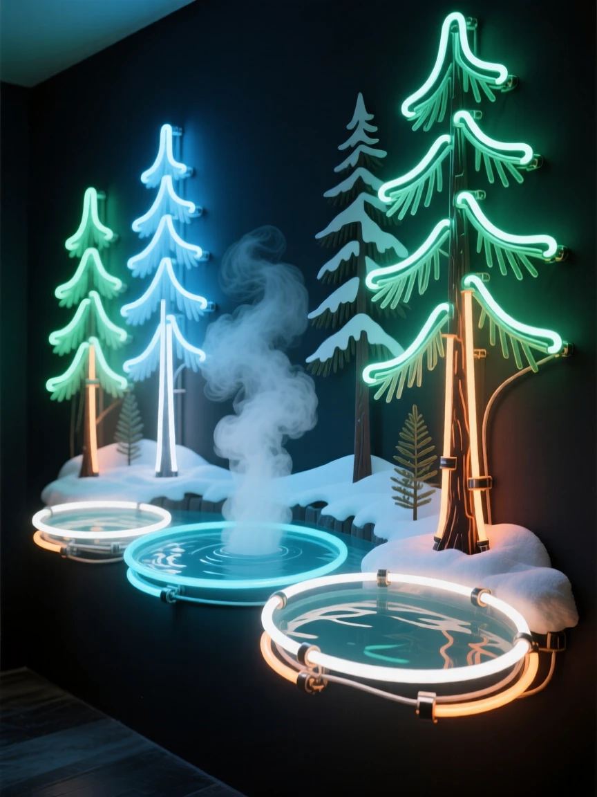 A cluster of hot springs steaming beside a snowy pine forest.