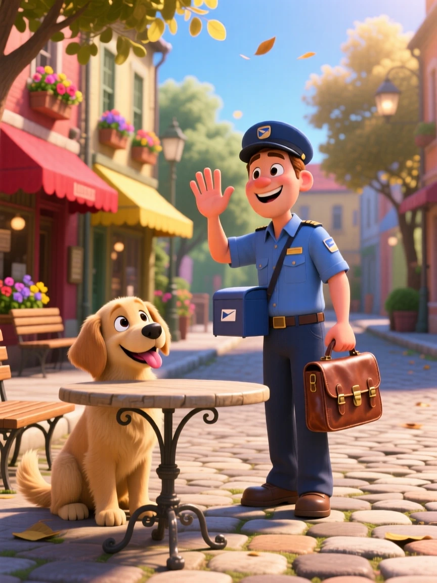 A mail carrier waving to a neighborhood dog is captured on a quiet cobblestone street lined with cafes, with a light breeze stirring nearby leaves. A simple contentment radiates through the scene.
