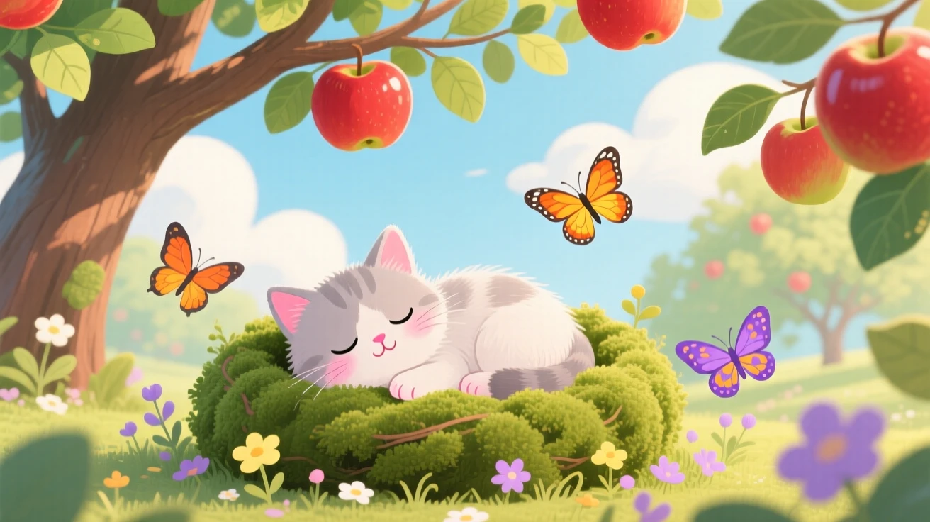 A sleepy kitten pauses from napping in a nest of soft moss to look up in an apple orchard, while butterflies flutter nearby.