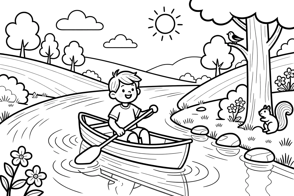 A canoe paddling down a peaceful river through the woods