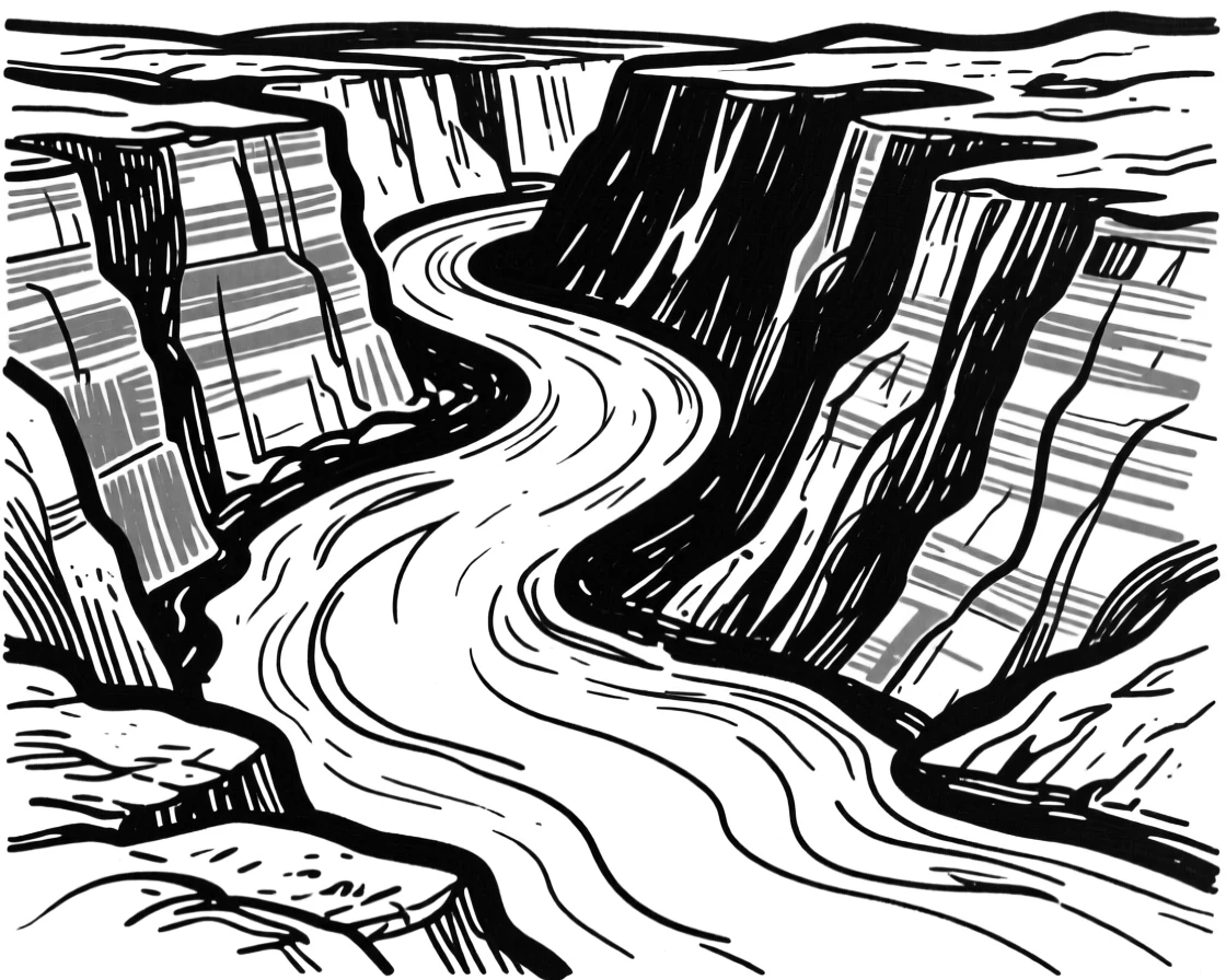 A winding river cutting through a deep canyon lined with red rock walls.
