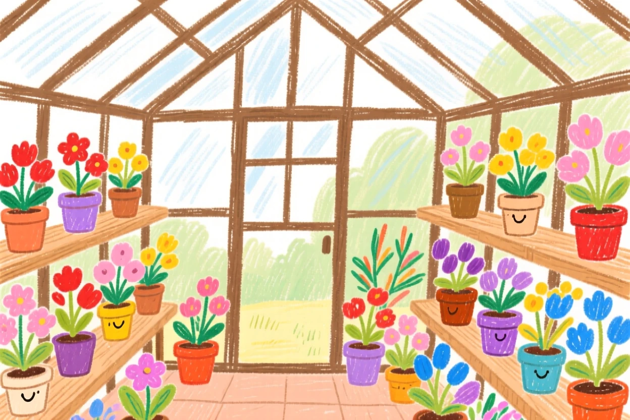 A greenhouse filled with rows of blooming potted flowers.