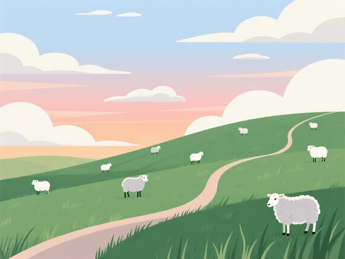 A tranquil hillside dotted with grazing sheep under soft clouds, beneath a wide open sky streaked with color, captured with a gentle curve guiding the eye through the scene, with a fresh, crisp clarity that highlights every detail.