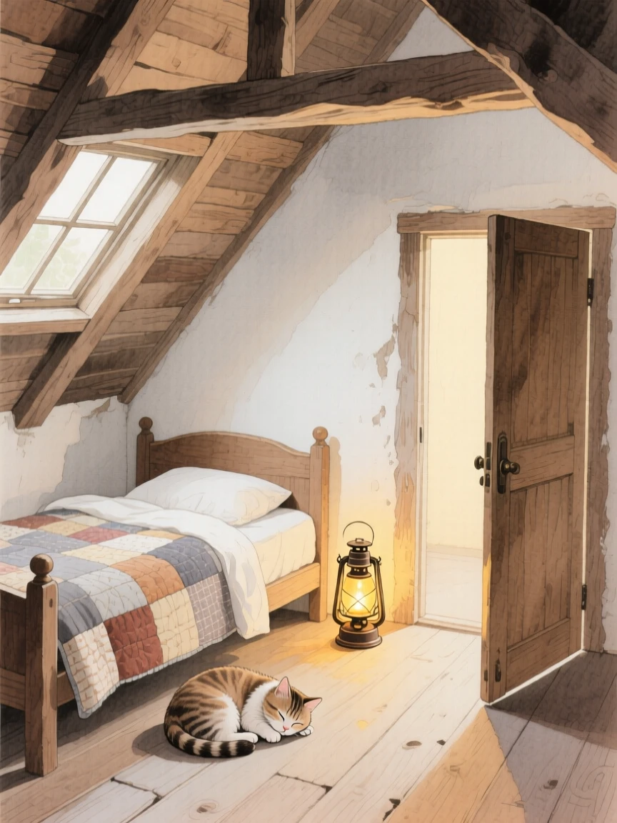 A charming view of a rustic attic bedroom, with a cat curled asleep nearby, featuring a lantern glowing beside the door