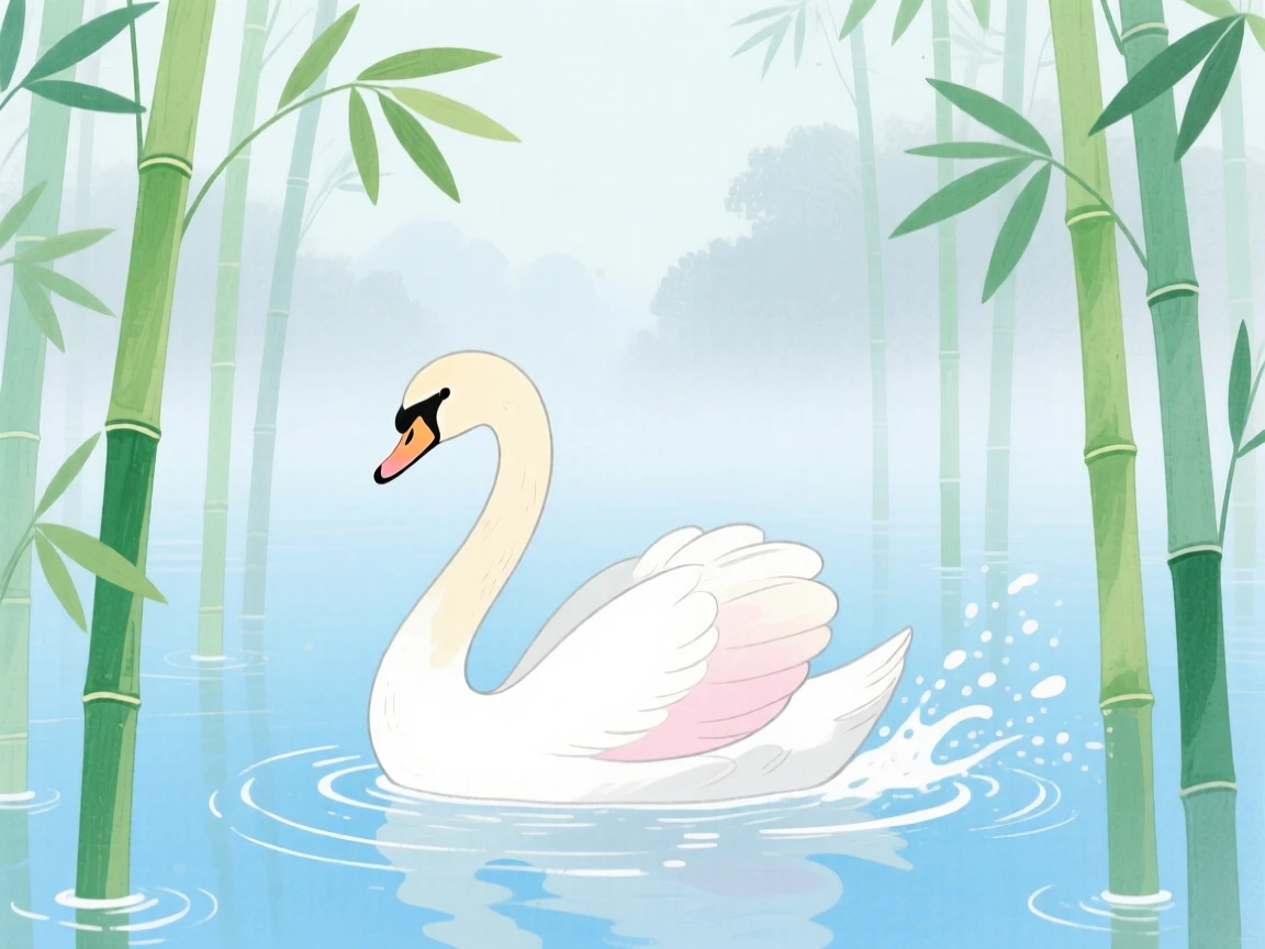 A graceful swan playing joyfully in a bamboo grove on a foggy morning.