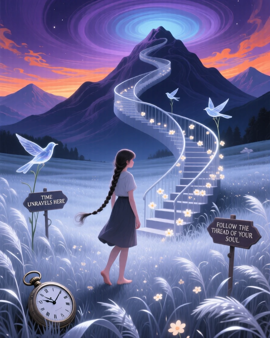A girl whose braided hair becomes a winding staircase walks slowly through a field of tall silver grass, while distant mountains bow slightly in their direction.