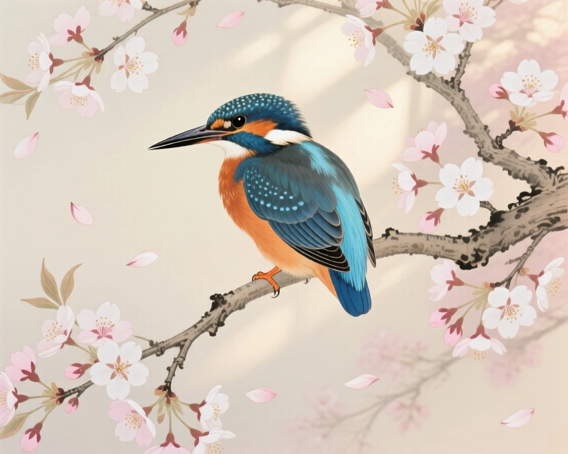 A kingfisher surrounded by falling cherry blossom petals, soft morning light filtering through the branches