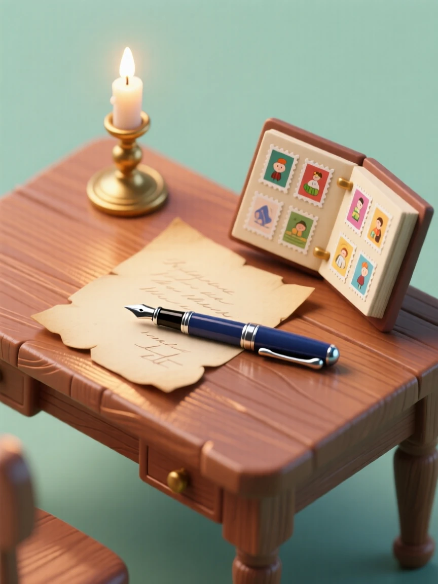 A quiet evening of letter writing at a wooden desk, a fountain pen resting on parchment, a candle flickering, and a stamp collection open nearby.