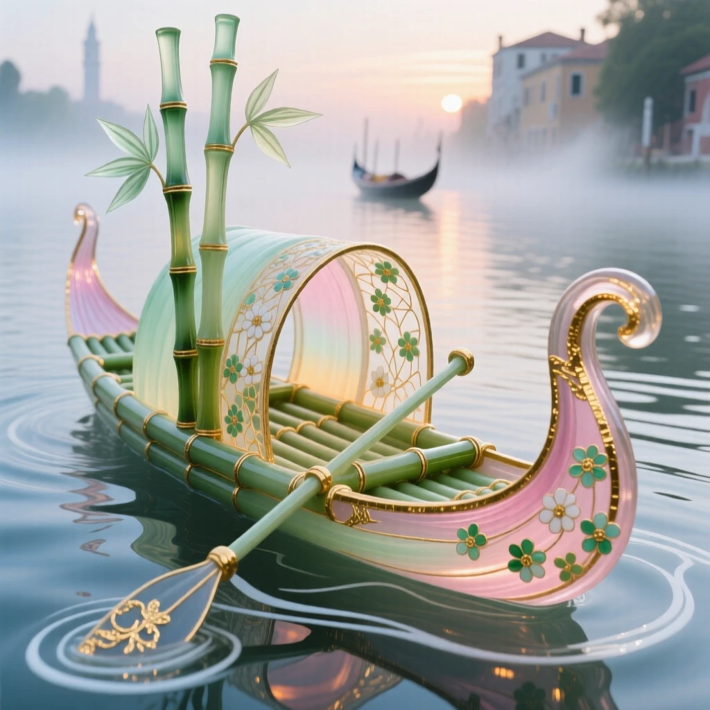 A tranquil bamboo raft floating on a misty river at dawn, peaceful and timeless.