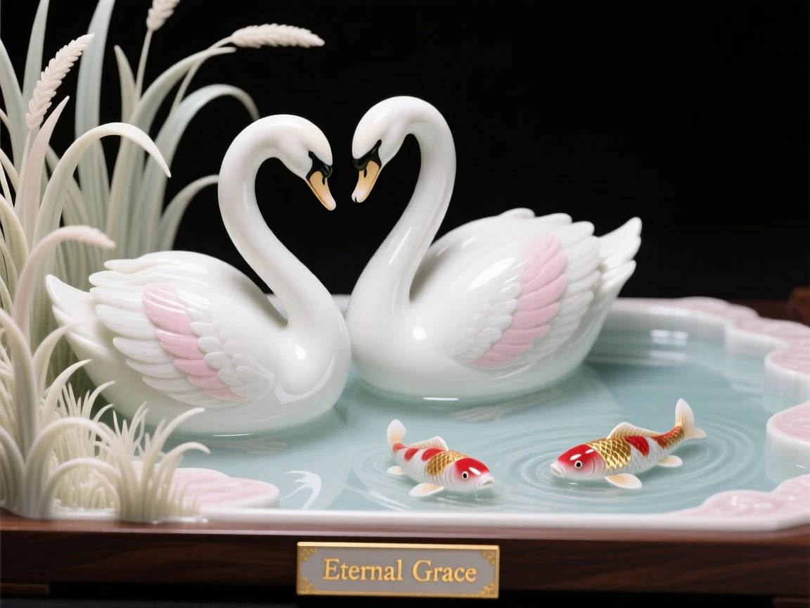 A pair of swans resting side by side in tall grass beside an ornamental koi pool.