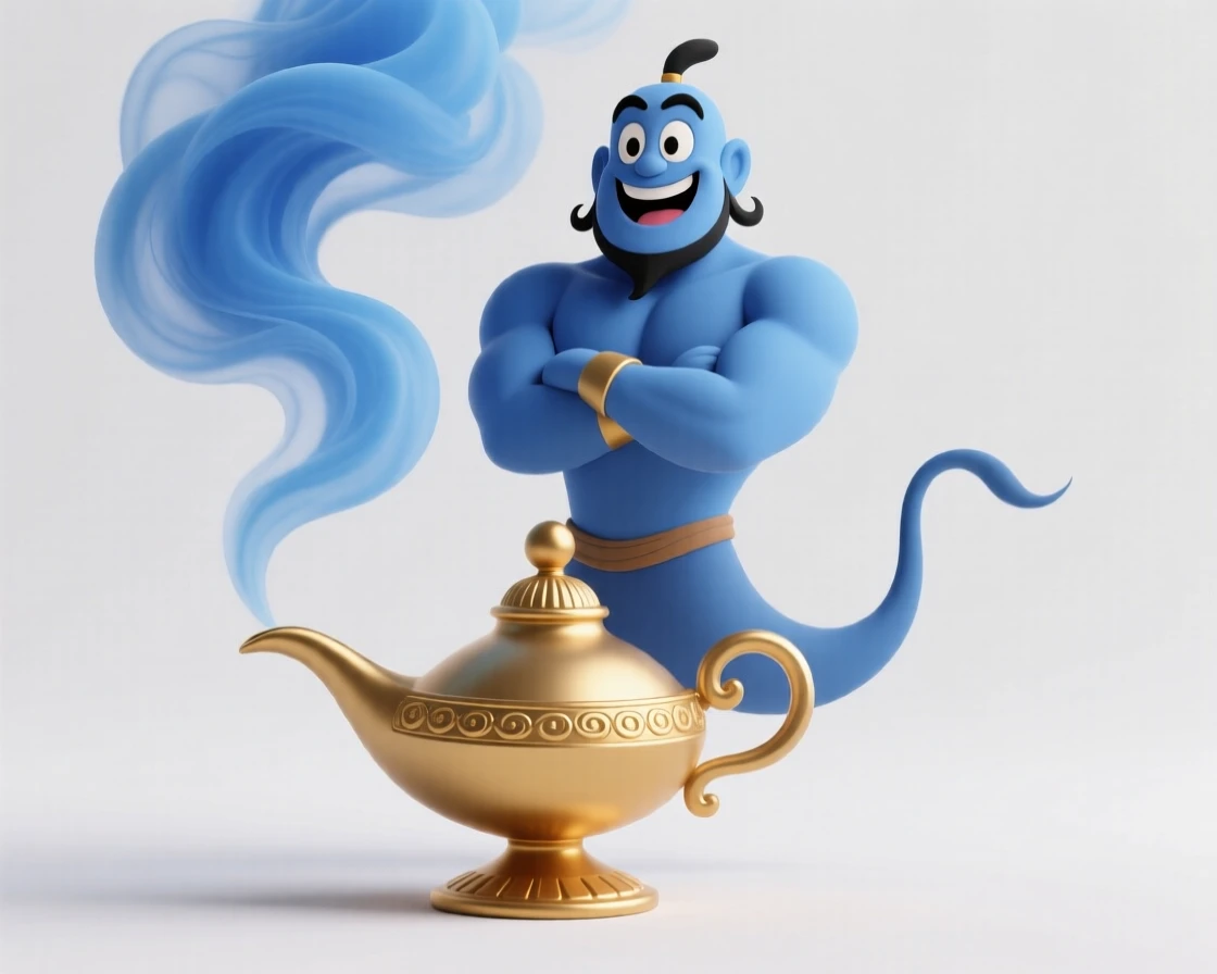 A powerful genie made of swirling blue smoke bursts joyfully from an ornate golden lamp.