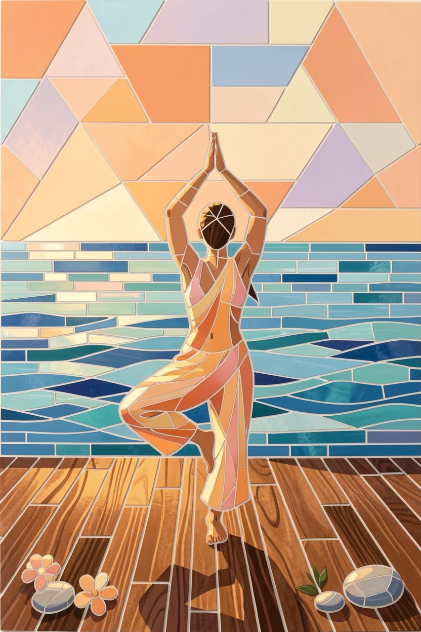 A peaceful morning yoga session on a deck overlooking the ocean, with soft warm lighting and an inviting, peaceful atmosphere.