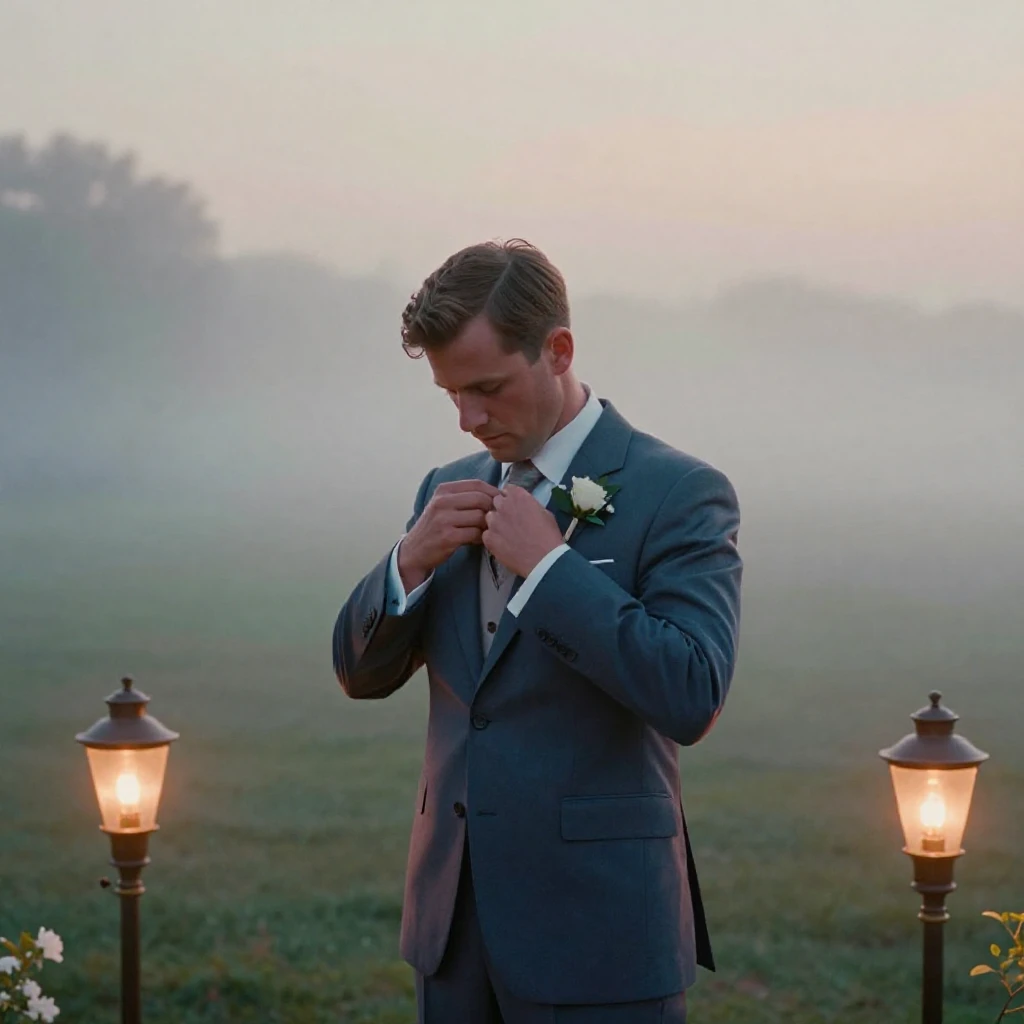 A groom straightening his jacket before an outdoor ceremony, in low lamplight, in thick rolling fog, during the long days of summer, in vivid coral and turquoise hues, from a slightly elevated vantage point.