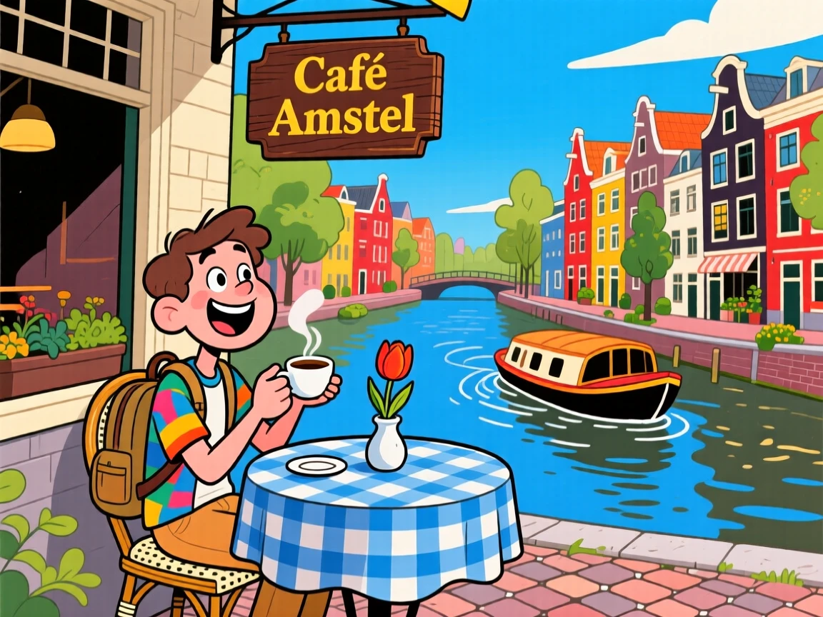 An iconic travel scene featuring a traveler sipping coffee at a quaint café table overlooking the canals of Amsterdam.