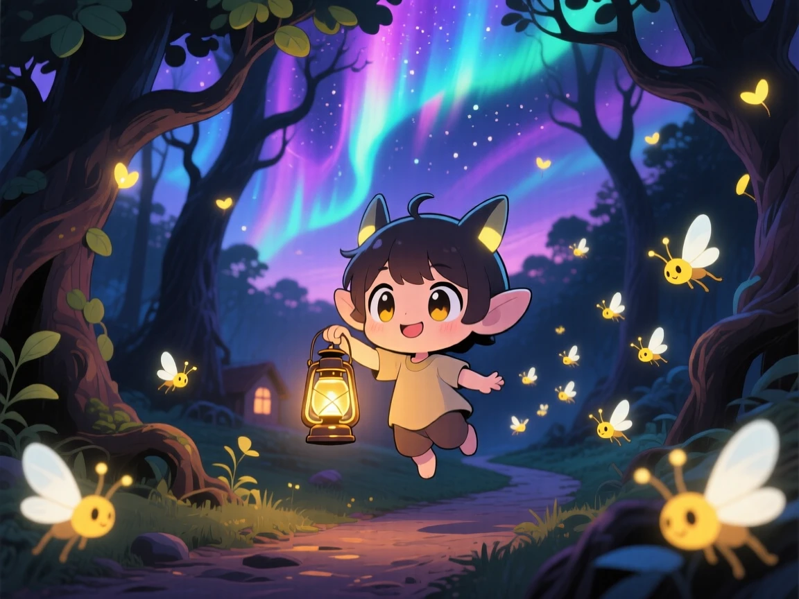 A lantern spirit guiding lost fireflies home with a warm glow in a dark enchanted forest path beneath swirling aurora-lit skies; soft pastel light of dawn washes over the scene as playful mischief fills the moment. Close-up portrait.