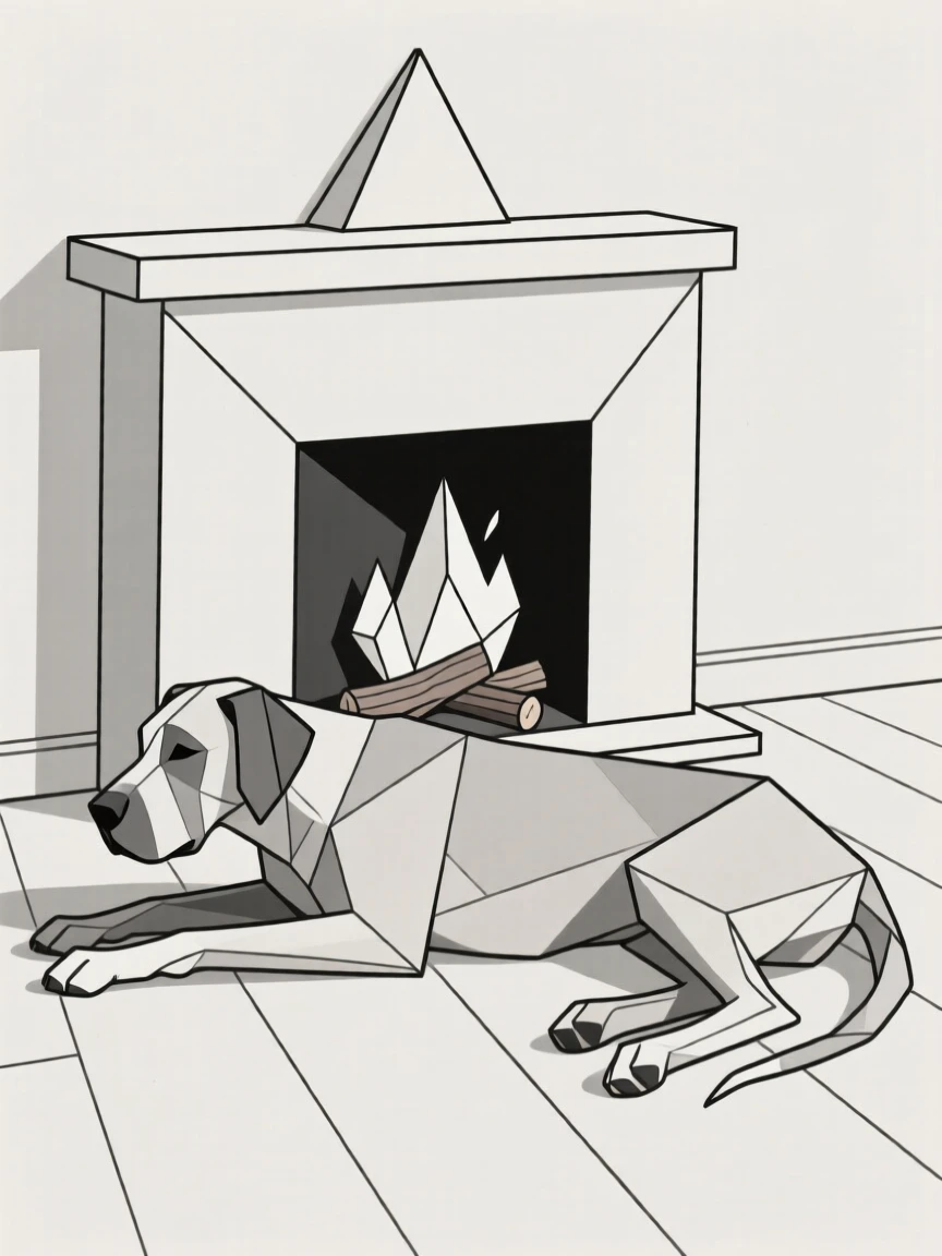 A Great Dane lying beside a fireplace