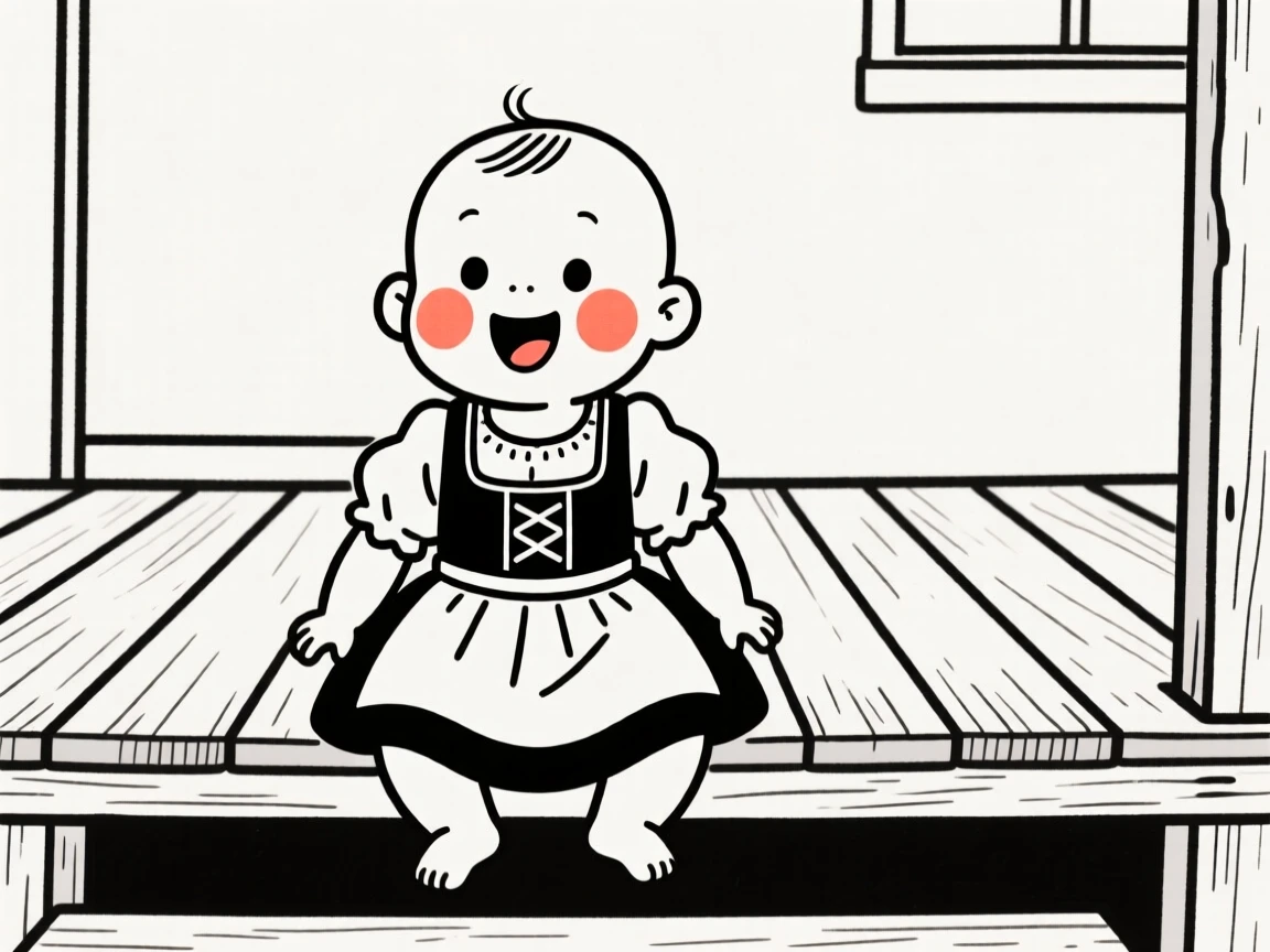A curious baby of Thai heritage wearing a Bavarian dirndl, bursting with excitement, on a rustic wooden porch.