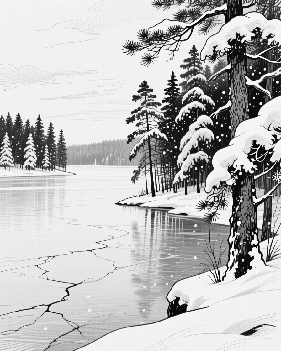 A frozen lake surrounded by snow-laden pine trees under a pale winter sky.