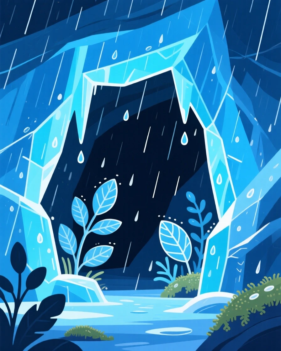 A dramatic ice cave glowing blue from filtered sunlight, with a light rain shower passing softly through, composed with strong leading lines drawing the eye inward, with delicate textures visible in every leaf and petal.