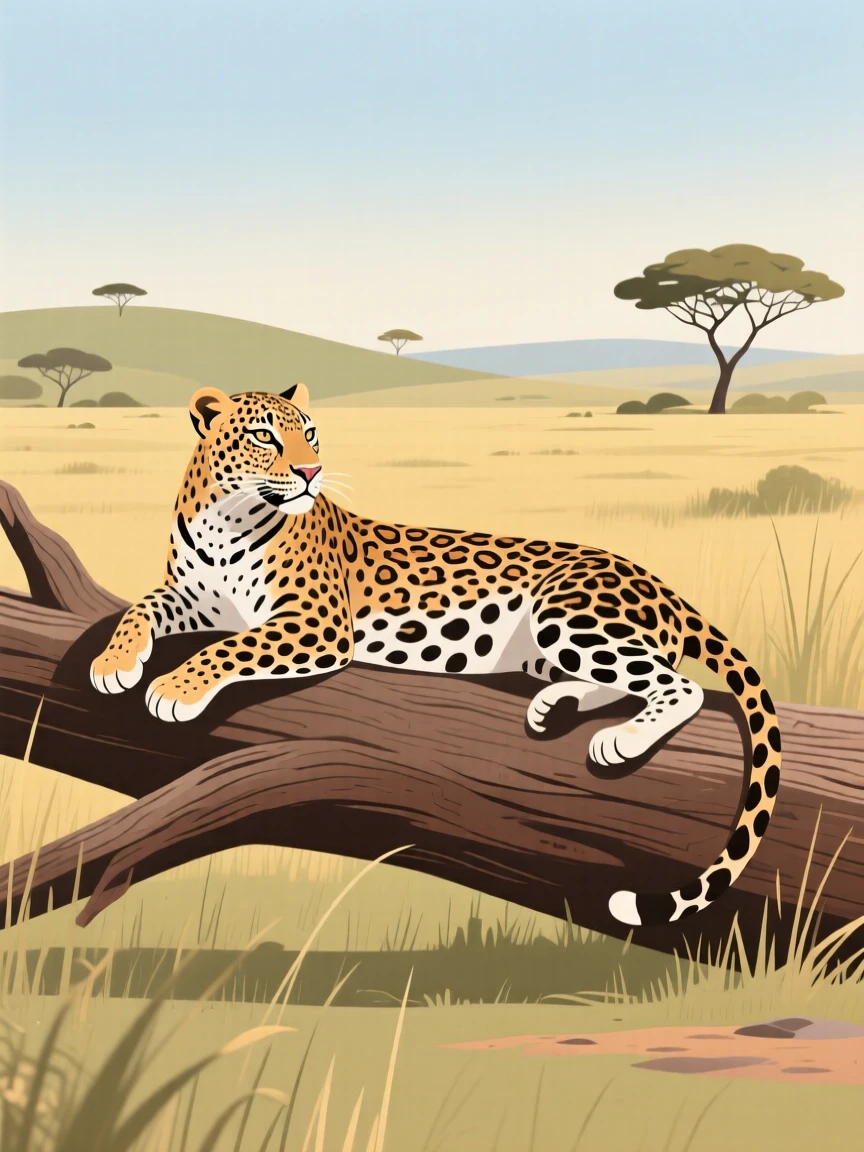 A majestic leopard resting on a fallen log overlooking the savanna.