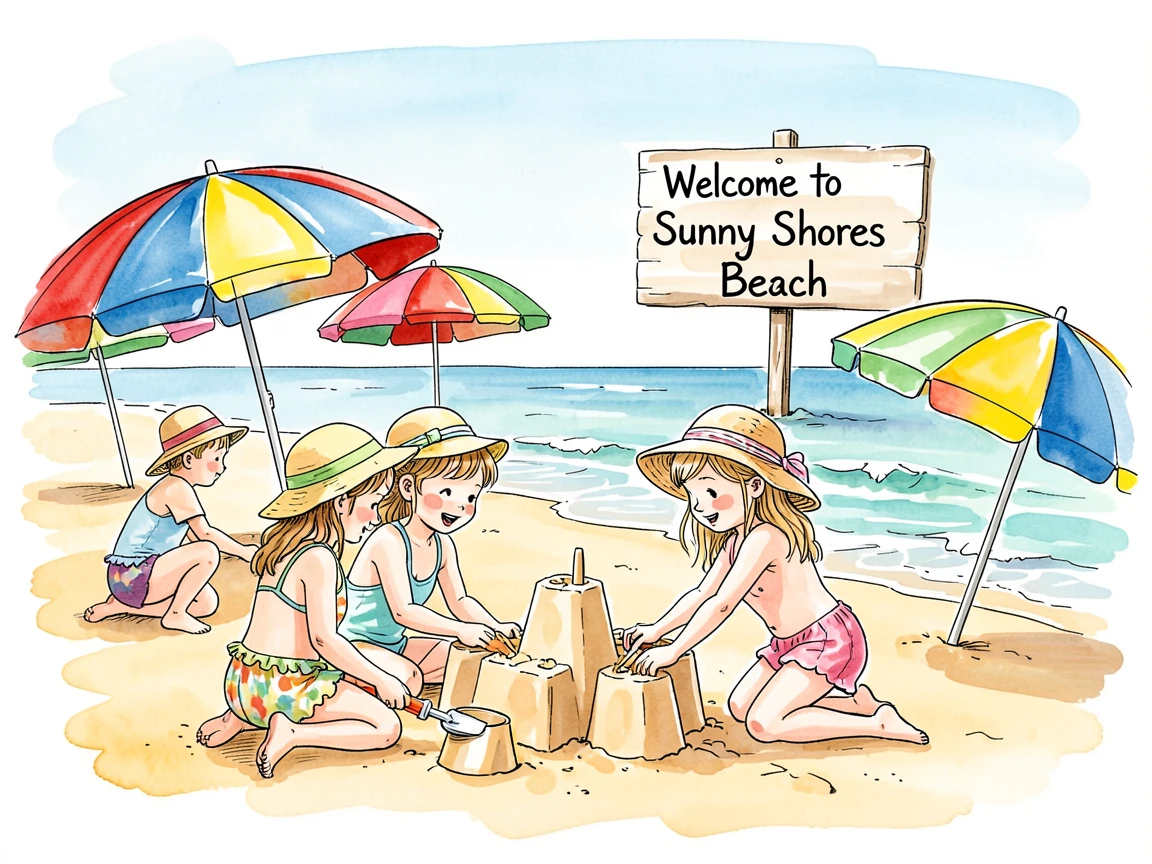 A summer beach day with children building sandcastles and colorful umbrellas dotting the shore