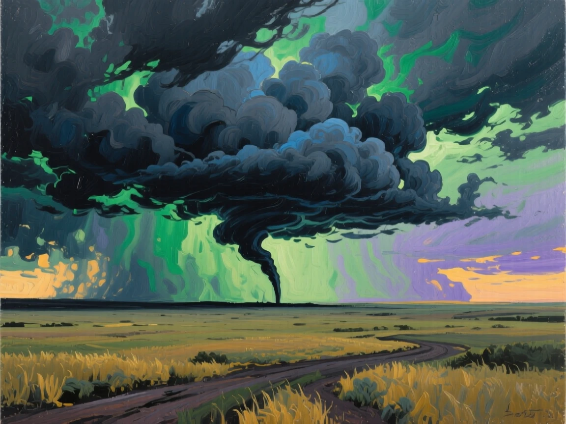 A powerful sky filled with anvil-shaped storm clouds towers over the Great Plains, a distant tornado funnel visible against the churning green-black backdrop, the changing light gradually shifting the mood of the landscape from moment to moment.