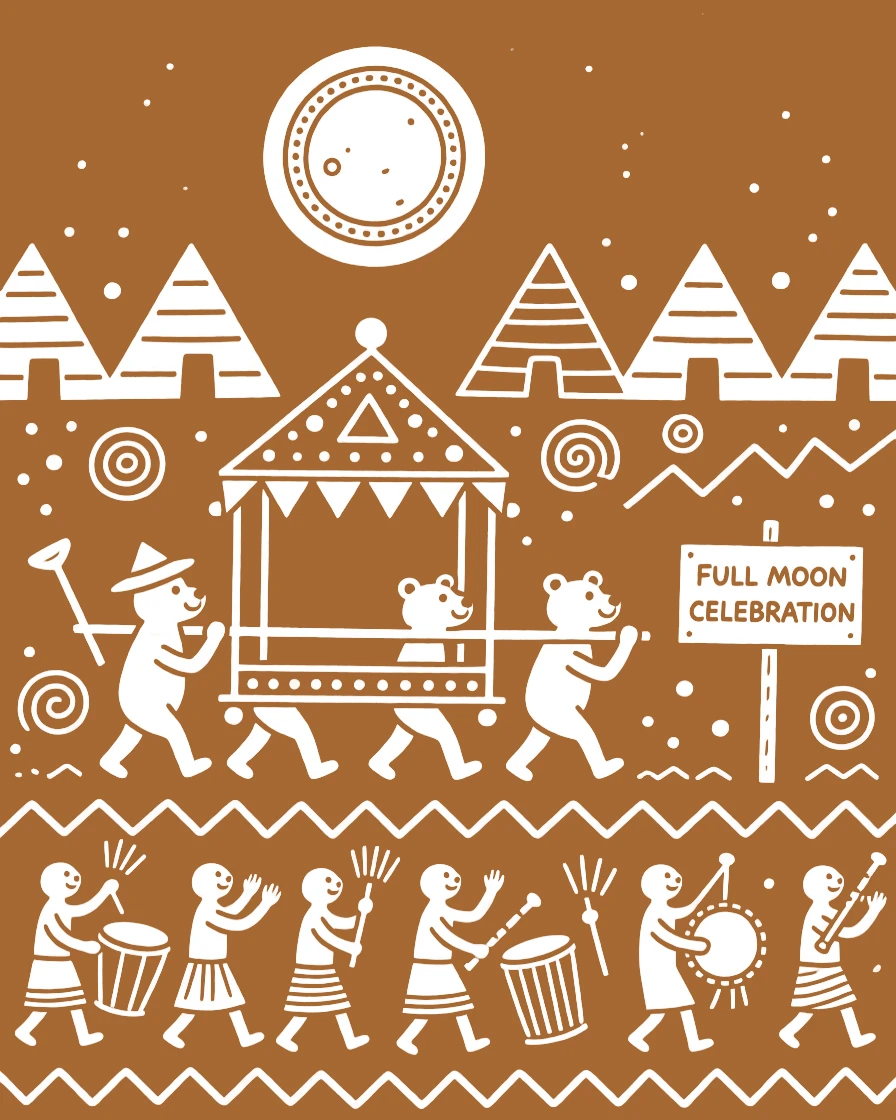 A full moon celebration celebrated with a procession carrying a decorated palanquin.