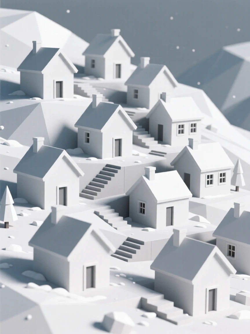 A hidden hillside village of whitewashed houses, dusted lightly with fresh snow. fine architectural details are rendered with clarity. A quiet grandeur fills the setting.
