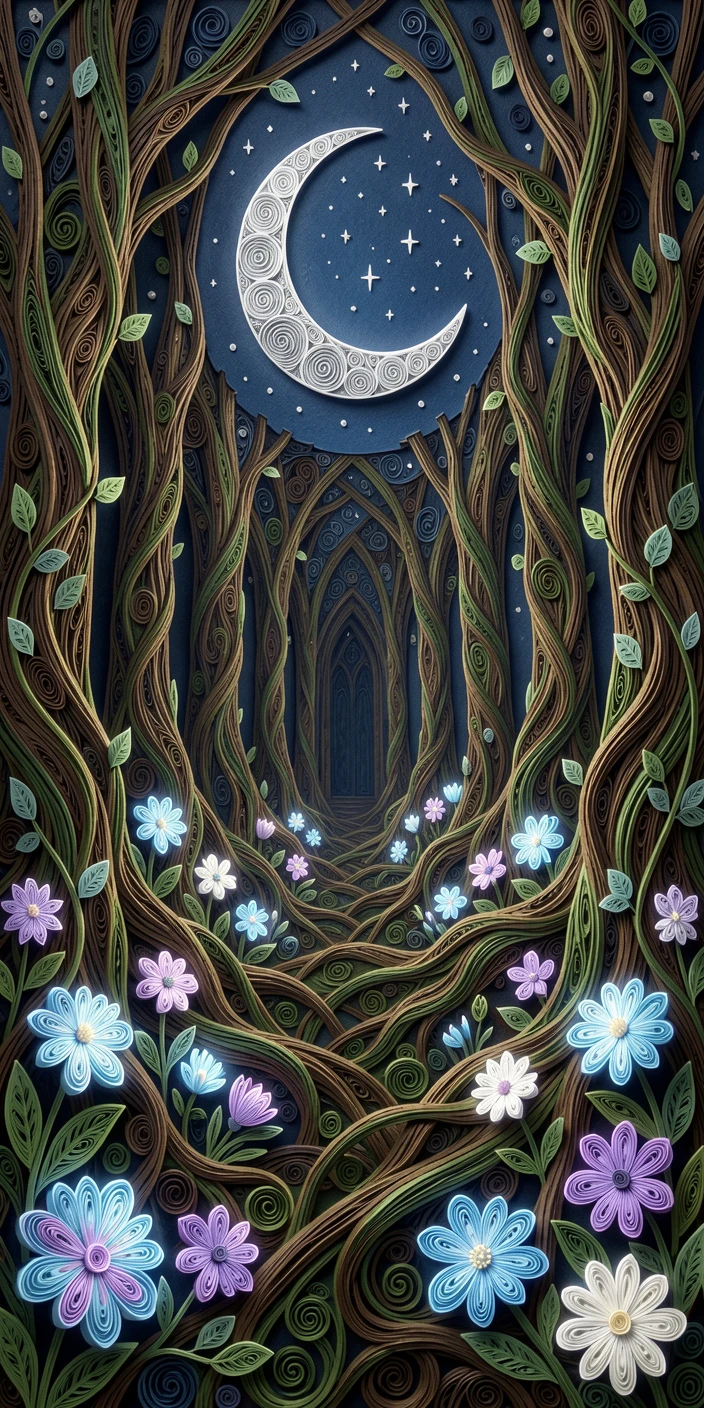 A magical fantasy scene of a moonlit garden where flowers glow softly at night within a cathedral of ancient twisted roots, with shimmering starlight reflected on every surface, captured from a sweeping cinematic wide angle.