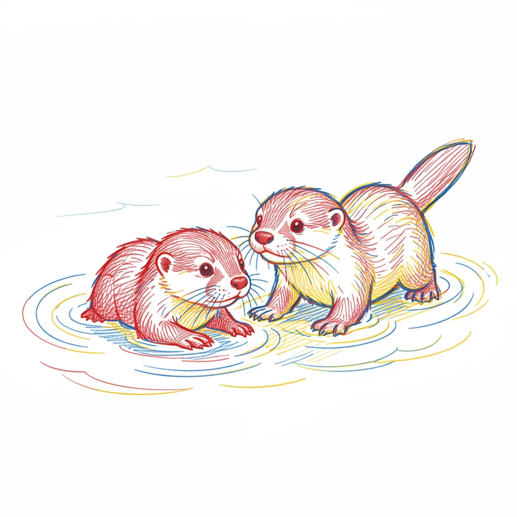 A curious otter pup learning to swim alongside its mother