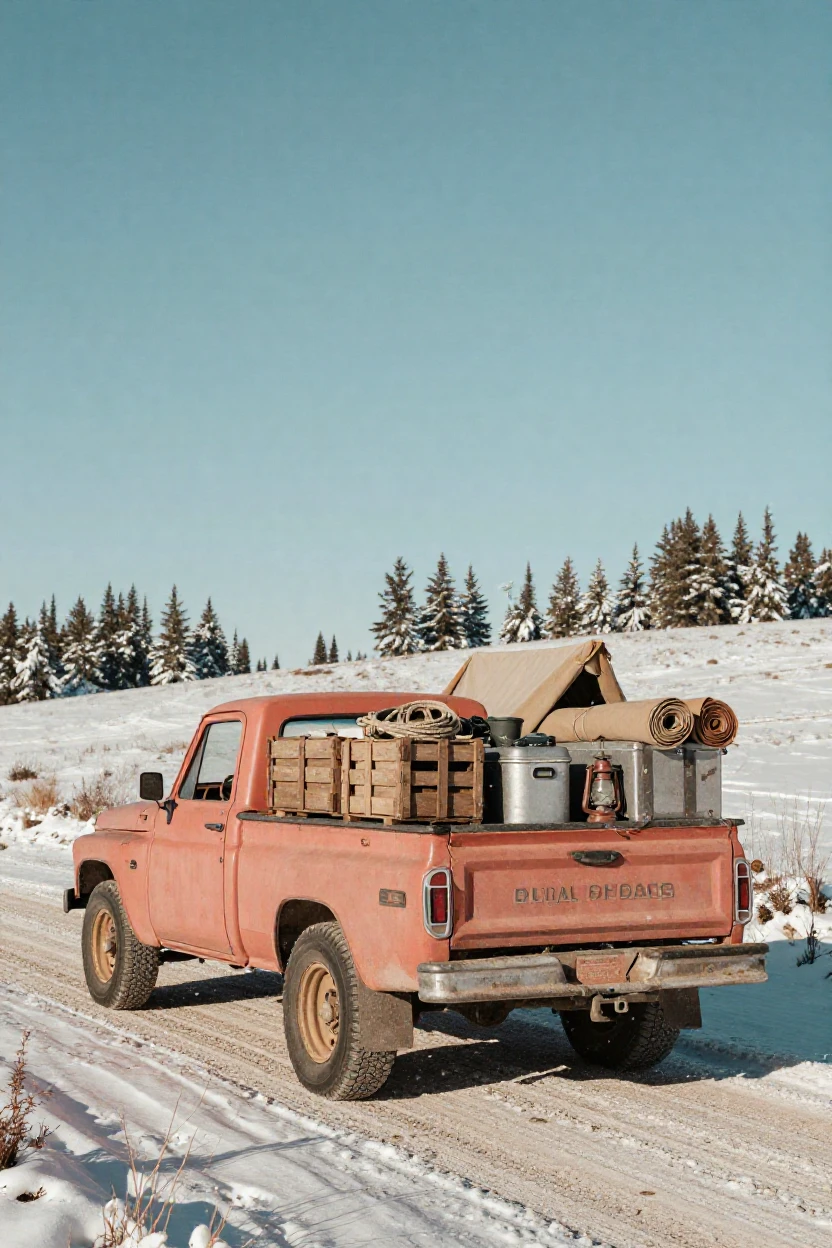 A dusty pickup truck loaded with camping gear on a dirt road, under harsh midday sun, amid gently falling snow, in the depths of winter, in vivid coral and turquoise hues, from a wide establishing view.