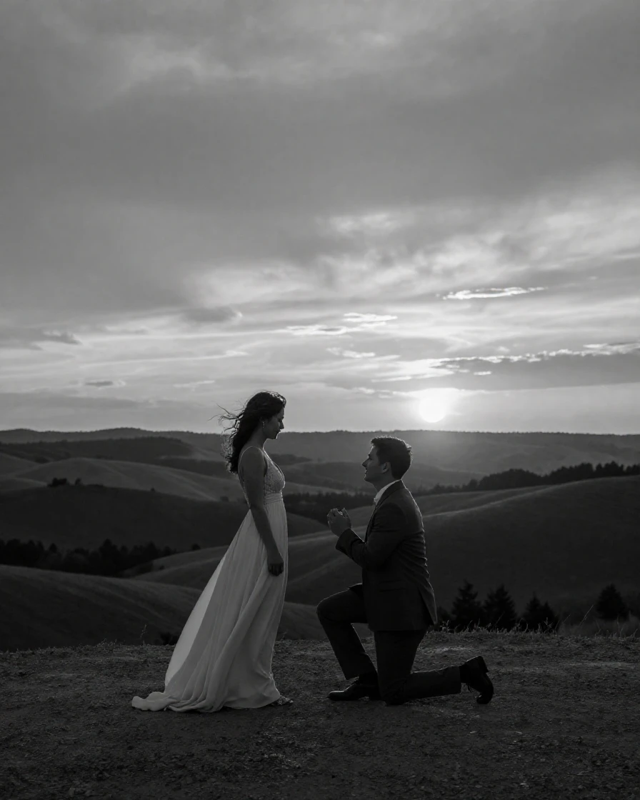 A proposal unfolds on one knee at sunset atop a scenic overlook.