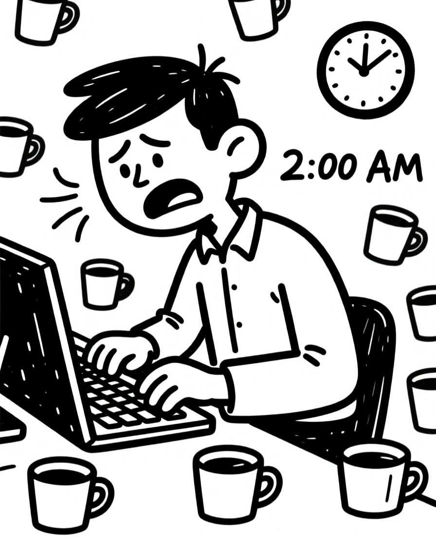 A software engineer surrounded by empty coffee cups, triumphantly typing the final line of code at 2am.
