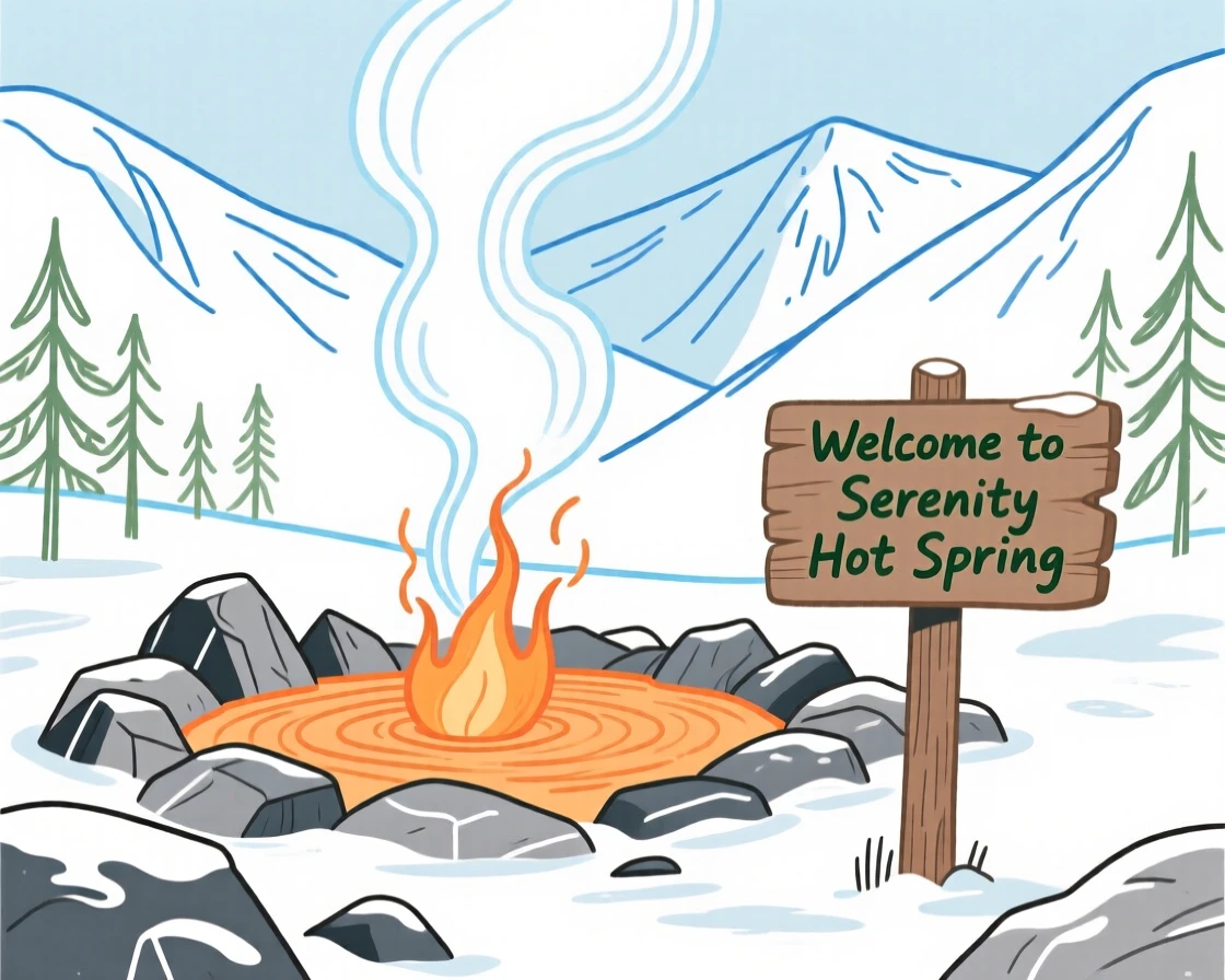 A hot spring steaming in a snowy mountain valley.