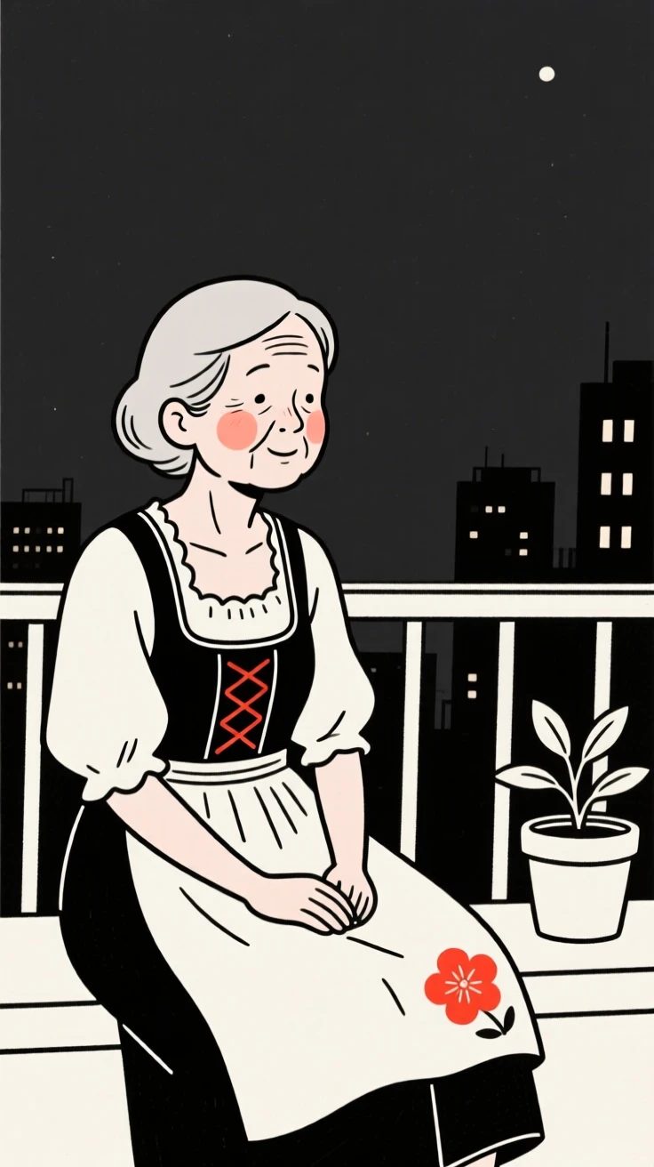 A retired teacher of Vietnamese heritage wearing a Bavarian dirndl, resting in calm stillness, on a city balcony at night.