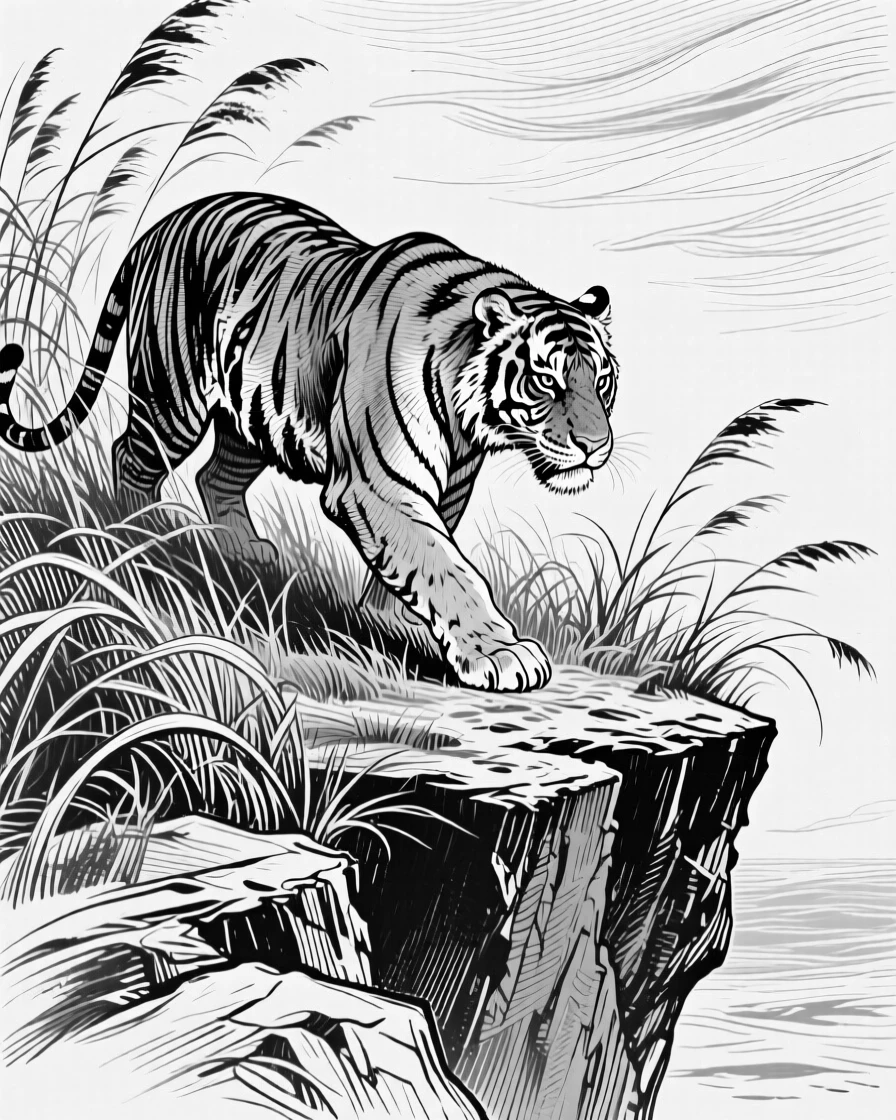 A tiger prowling through tall grass on a windswept cliff, framed by tall reeds, capturing a fierce yet graceful moment in nature with a strong, centered focal point.