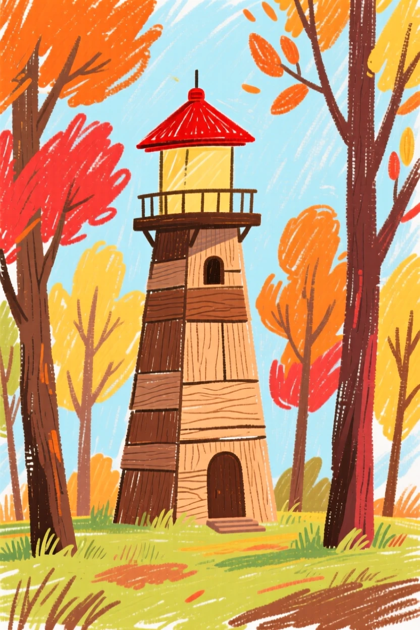 A wooden lighthouse framed by tall autumn colored trees.