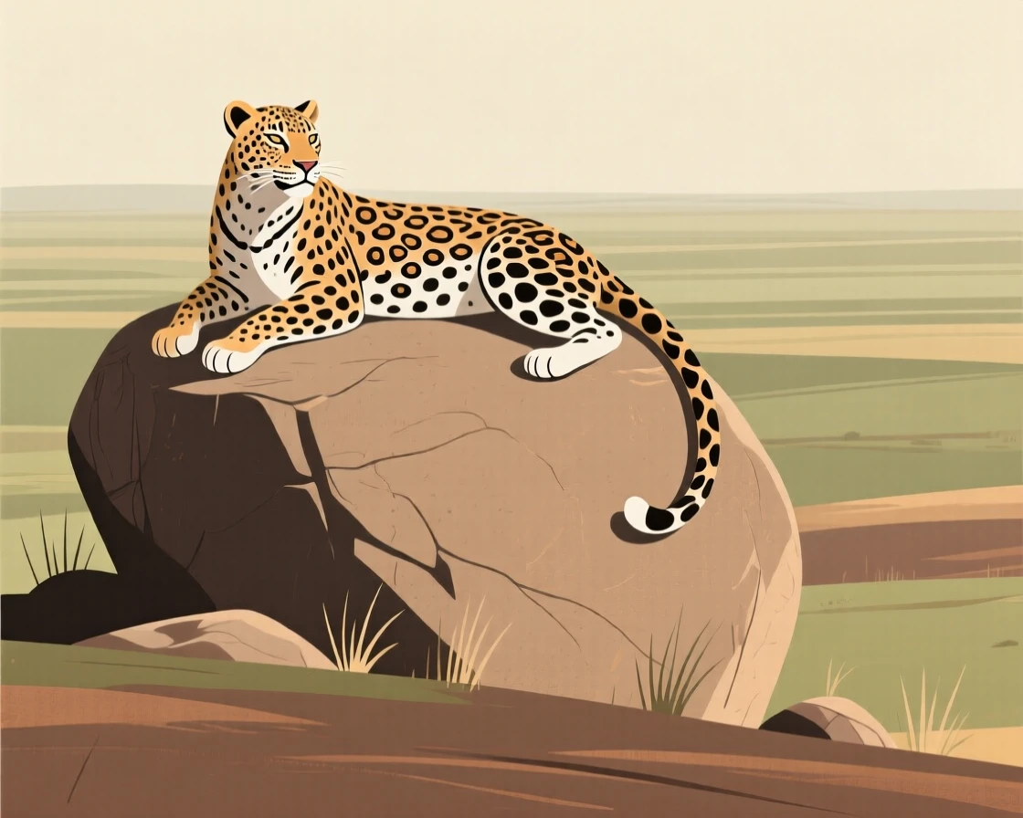 A majestic leopard resting on a hillside boulder overlooking the open plains.