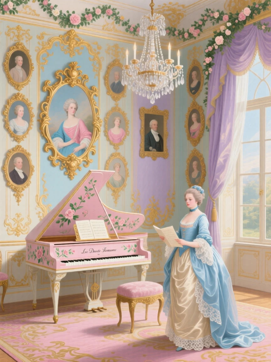 A gilded music room where a harpsichord stands beneath a portrait gallery  