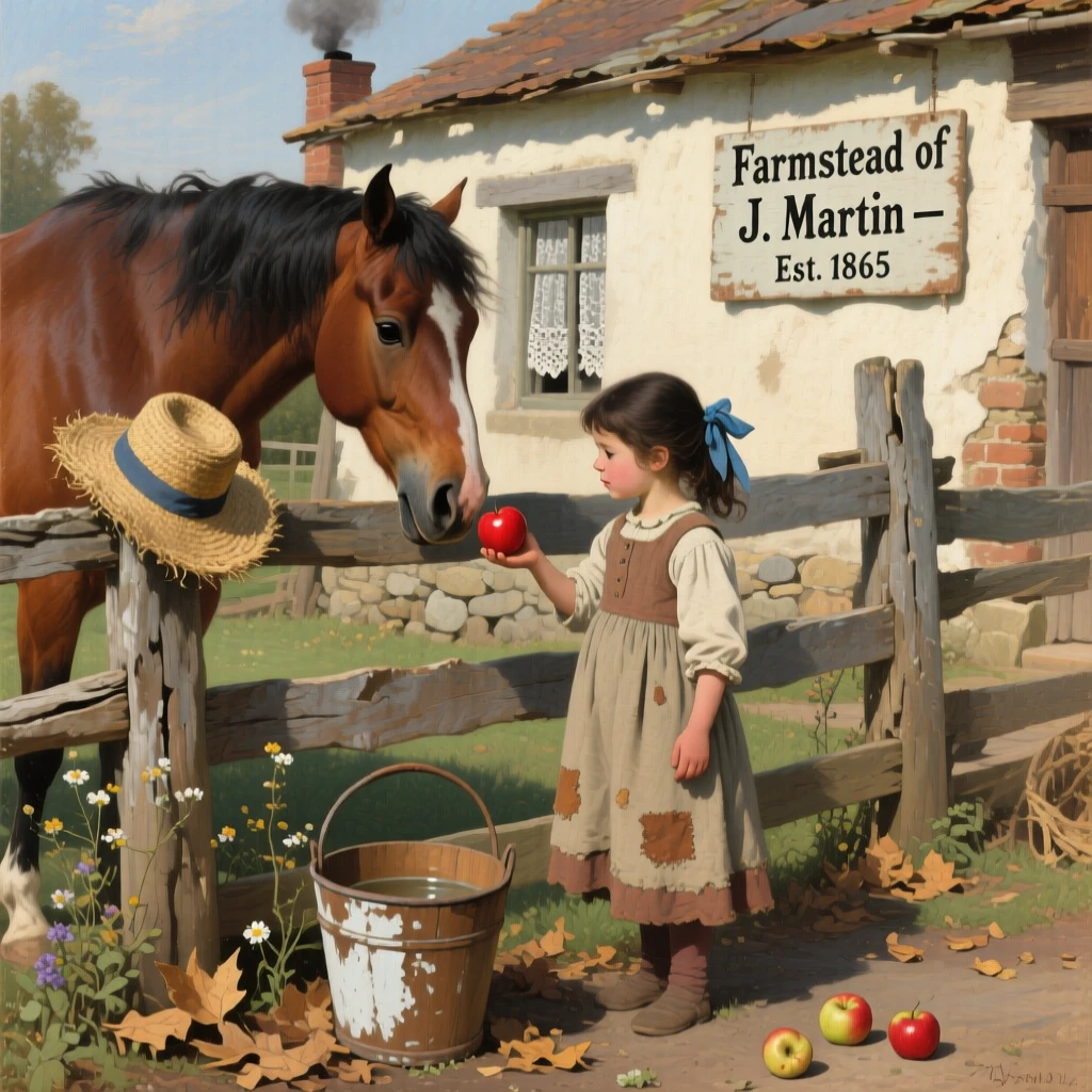 A little girl feeding a gentle horse an apple over a wooden fence, surrounded by everyday details that ground the moment in reality, radiating authenticity and heartfelt sincerity